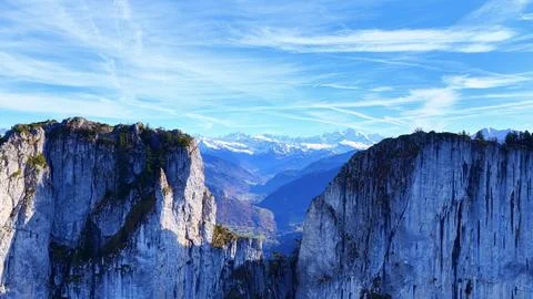 Aerial view alpine cliffs with Mont Blanc range France Fotos de archivo