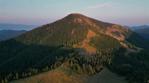 Aerial view of Alpine forest mountain peak in autumn sunrise nature Stock Footage 293002556