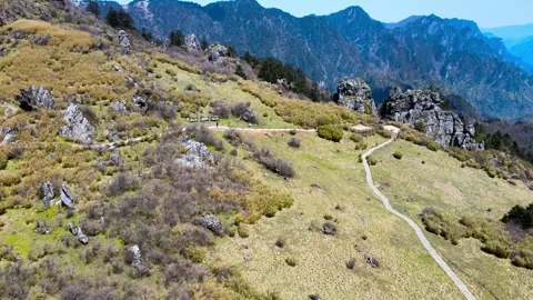 Aerial View of Alpine Meadow Mountain Ridge Path in Shennongjia Hubei China Stock Footage 337938440