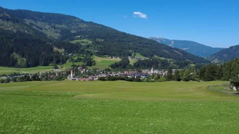 Aerial View of Alpine Meadows and Welsberg-Taisten in Puster Valley Stock Footage 340258327