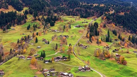 Aerial view of alpine meadows, winding paths, and a train traveling Video stock 335107761