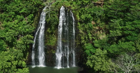 Aerial view of amazing double waterfall in tropical rain forest jungle Stock Footage 63216674