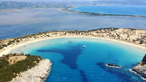Aerial view of the amazing sandy beach of Voidokilia in Navarino, Greece Stock Footage 136480059