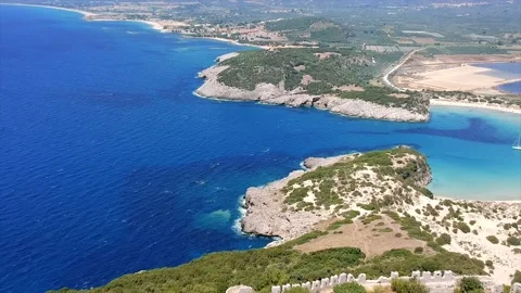 Aerial view of the amazing sandy beach of Voidokilia in Navarino, Greece Stock Footage 136483433