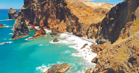 Aerial view of amazing steep cliffs of Ponta do Sao Lourenco, Madeira island Stock Footage 106670657