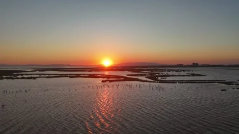 Aerial view of amazing sunset over a coastal delta by the sea Stock Footage 346167369