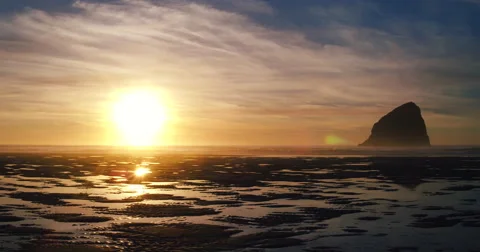 Aerial View of Amazing Sunset Reflection on Textured Beach Sand Tide Pools Video stock 63017219