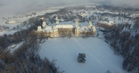 Aerial view of amazing tower of the Grand palace in Tsaritsyno, piece of archite Stock Footage 99247341