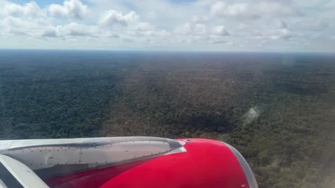 Aerial view of Amazon rainforest from airplane window with visible jet engine Stock Footage 337747975