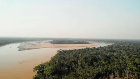 Aerial view of amazon rainforest and jungle island in Madre de Dios river Stock Footage 135553987