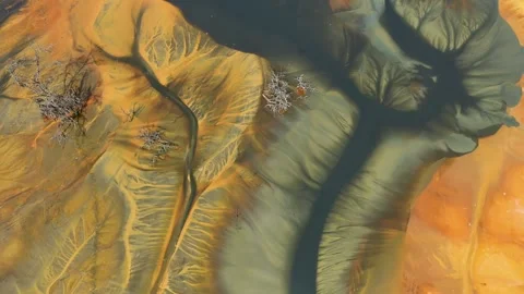 Aerial view of AMD acid mine drainage polluted waters. Natural pattern Stock Footage 346706969