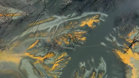 Aerial view of AMD acid mine drainage polluted waters. Natural pattern Stock Footage 346706970