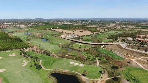 Aerial view of the Amendoeira Golf course, Algarve, Portugal Stock Footage 150983837