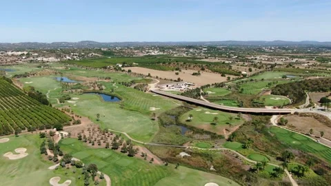 Aerial view of the Amendoeira Golf course, Algarve, Portugal Stock Footage 150985976