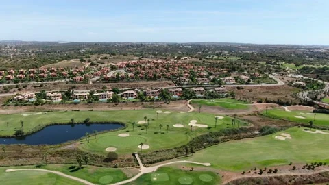 Aerial view of the Amendoeira Golf course, Algarve, Portugal Stock Footage 151120494