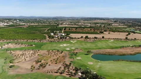 Aerial view of the Amendoeira Golf course, Algarve, Portugal Stock Footage 151136615