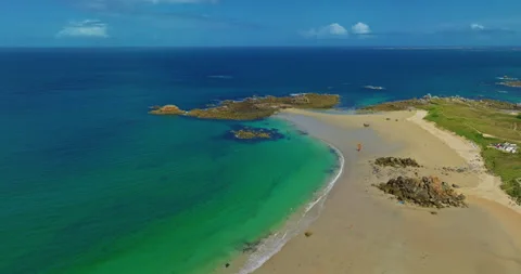 Aerial view of Amiets azure beach in summer with rocks in the region of Brittany Video stock 311368859