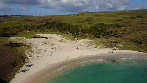 Aerial view of Anakena beach on the Easter Island Stock Footage 144843422
