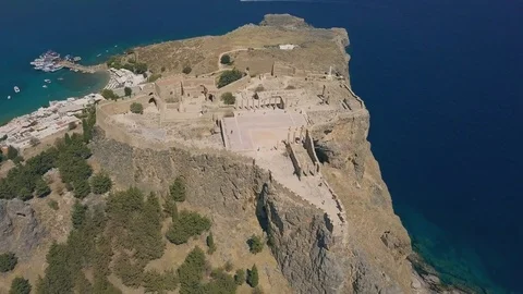 Aerial view of ancient Acropolis of Lindos Stock Footage 80376842