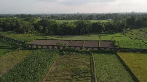 Aerial view of ancient aqueduct and farm in indonesia Stock Footage 287573370
