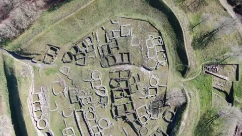 Aerial view of the ancient Castro de Viladonga in Galicia, Spain. The ruins, Stock Footage 331545869