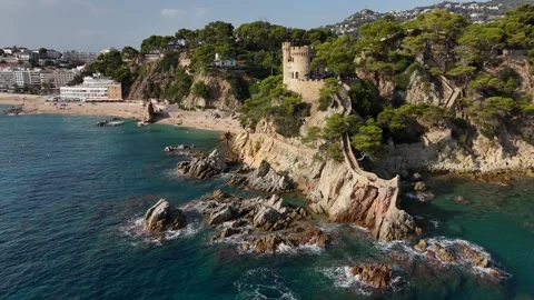 Aerial view of ancient fortress on dramatic rocky cape Stock Footage 321345775
