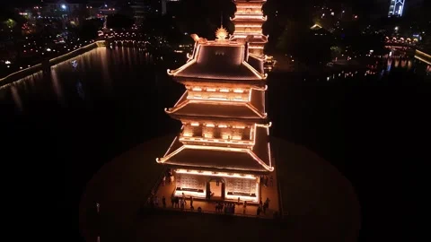 Aerial view of ancient hoa lu pagoda tower at night in ninh binh, vietnam, .. Video stock 335084662