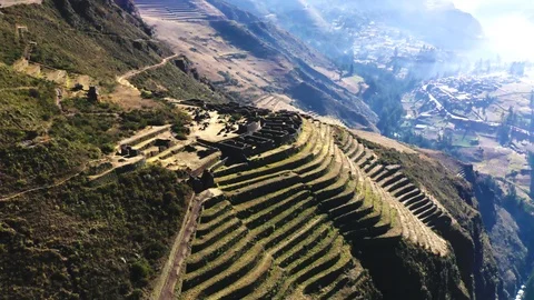 Aerial view of the ancient Inca ruins of Pisac in the Sacred Valley Stock Footage