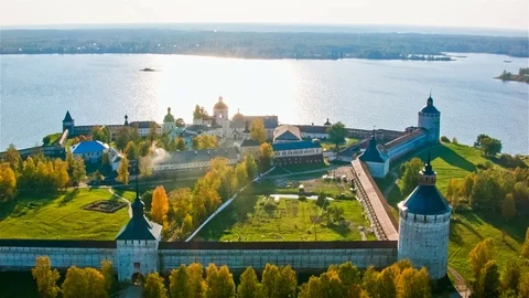 Aerial view of the ancient Kirillo-Belozersky Monastery in North Russia. Stock Footage