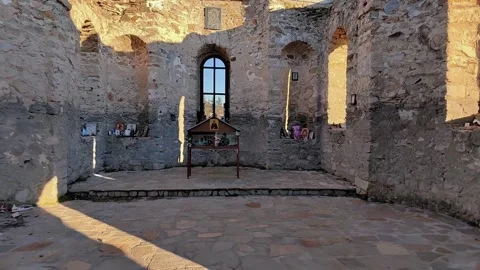 Aerial view of Ancient Medieval Eastern Orthodox church of Saint John of Rila Stock Footage 260050080