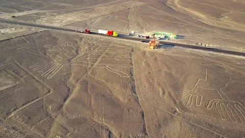 Aerial view of Ancient Nazca Lines. The Tree and The Hands. Rocky Desert. Stock Footage 78958338