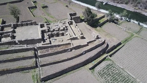 Aerial view of Ancient Peruvian Inca Ruins Ollantaytambo. Stock Footage 79784084