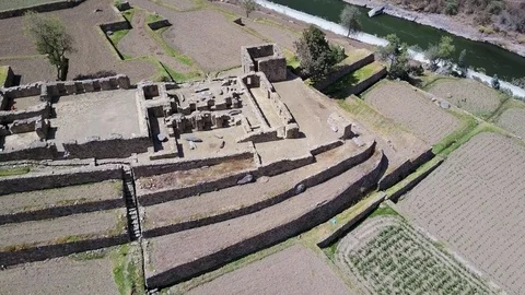 Aerial view of Ancient Peruvian Inca Ruins Ollantaytambo. Stock Footage 79784178