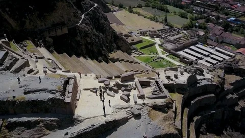Aerial view of Ancient Peruvian Inca Ruins Ollantaytambo. Stock Footage 79784613