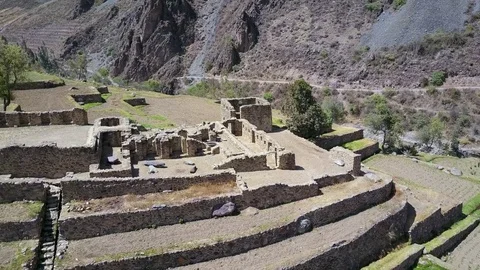 Aerial view of Ancient Peruvian Inca Ruins Ollantaytambo. Stock Footage 79784822