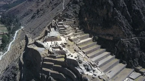 Aerial view of Ancient Peruvian Inca Ruins Ollantaytambo. Stock Footage 79786735