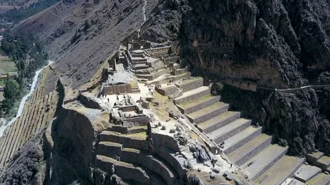 Aerial view of Ancient Peruvian Inca Ruins Ollantaytambo. Stock Footage 79786746