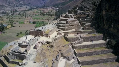Aerial view of Ancient Peruvian Inca Ruins Ollantaytambo. Stock Footage 79786940