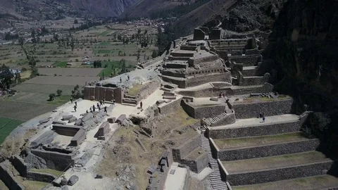 Aerial view of Ancient Peruvian Inca Ruins Ollantaytambo. Stock Footage 79786959