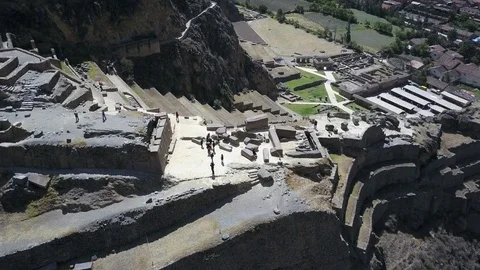 Aerial view of Ancient Peruvian Inca Ruins Ollantaytambo. Stock Footage 80014351