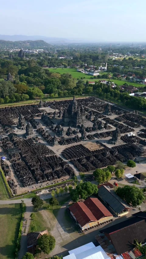 Aerial view of ancient Prambanan Temple complex in Yogyakarta, Indonesia Stock Footage 345472000