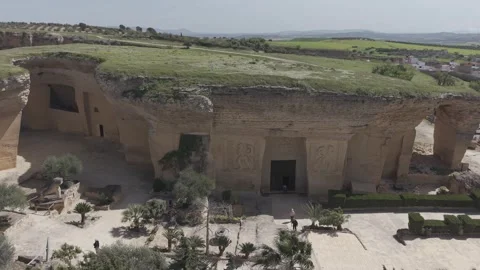 Aerial view of ancient rock cut ruins beside palm trees Vídeos de archivo 342260346