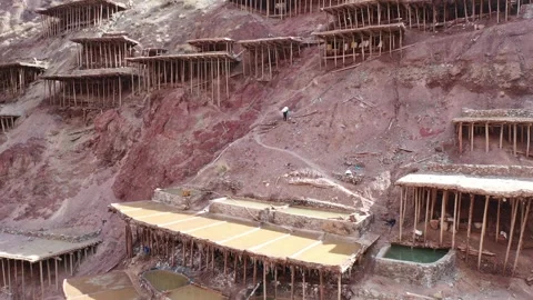 Aerial View of Ancient Salt Making Fields in Yanjing, Tibet, along Jinsha River 스톡 동영상 344914147