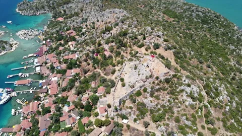 Aerial view of the ancient Simena Castle in Demre. Historical Castle, Kalekoy. Stock Footage 229485860