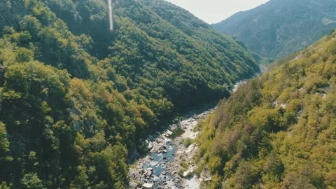 Aerial view of An ancient stone bridge called Devil's bridge Ardino Bulgaria Видео 139682680