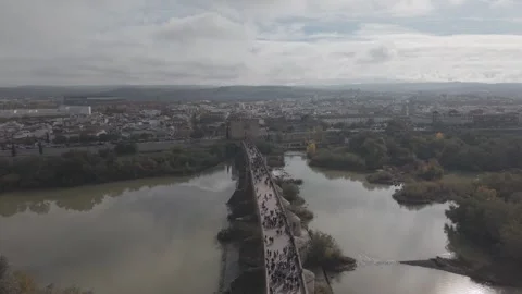 Aerial view of an ancient stone bridge crossing a wide river Vídeos de archivo 342258145
