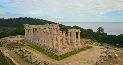 Aerial view of ancient temple of Afea Aphaia on Aegina island Stock Footage 88236743