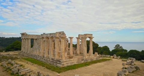 Aerial view of ancient temple of Afea Aphaia on Aegina island, Greece Stock Footage 88238239