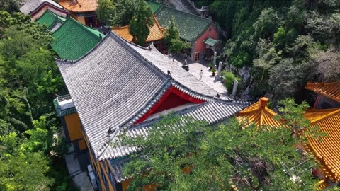 Aerial View of Ancient Temple Complex on Thousand Buddha Mountain, Jinan Stock Footage 331219278