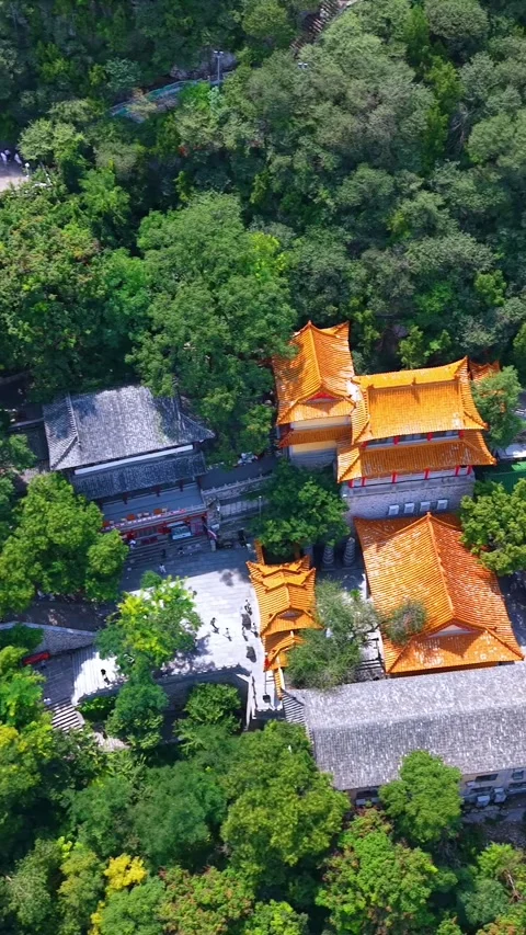 Aerial View of Ancient Temple Complex on Thousand Buddha Mountain Stock Footage 331219418